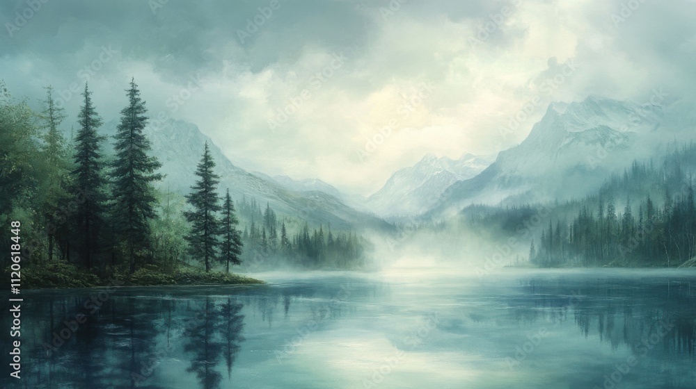 Misty lake with pine trees and mountains Misty lake with pine trees and mountains