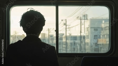 person looking out of a train window, exterior cityscape, generative ai