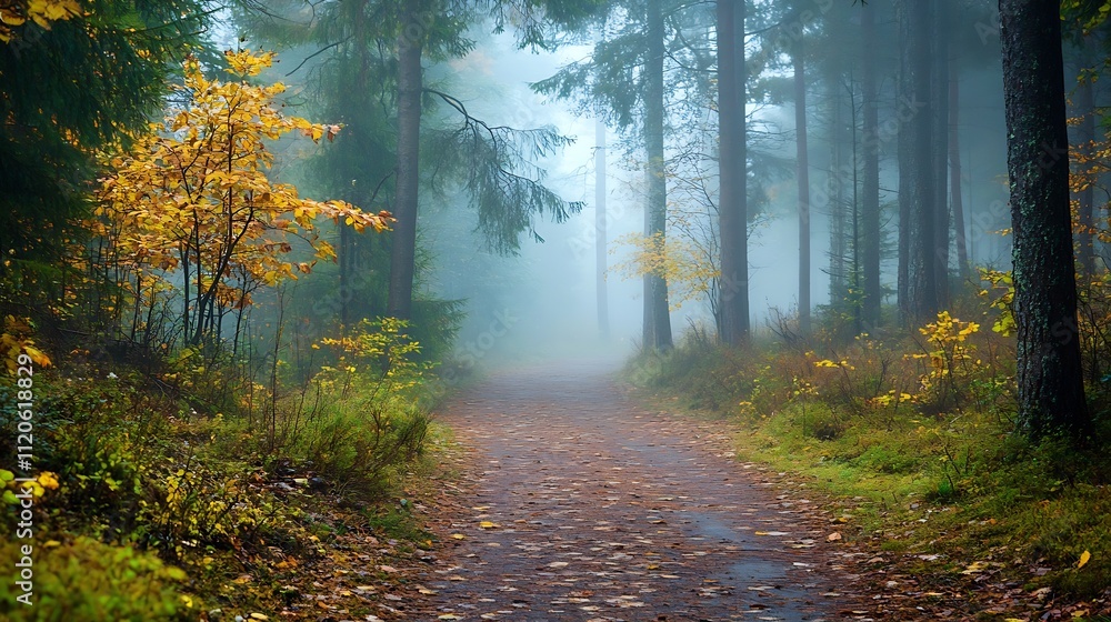 Obraz premium Enchanting Forest Trail Veiled in Fog Amidst Golden Autumn Leaves for Picturesque Walks : Generative AI
