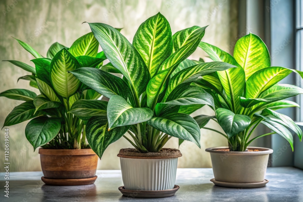 Fototapeta premium Dumb Cane Plants, Tropical Houseplants, Indoor Decorative Plants, Potted Plants, Ornamental Foliage, Isolated, High-Resolution Image