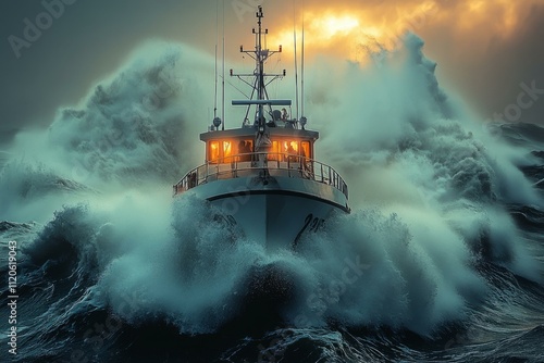  Fishing vessel battling fierce stormy seas at sunset, showcasing resilience and adventure in commercial fishing industry