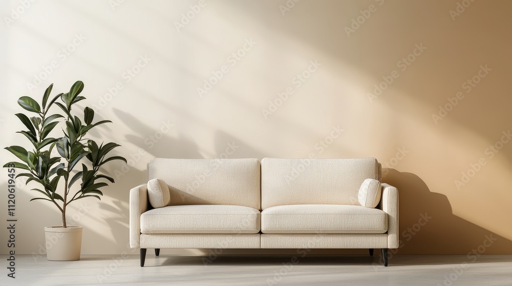 Cozy Modern Sofa with Plant in Minimalist Room Interior Design Cozy Modern Sofa with Plant in Minimalist Room Interior Design