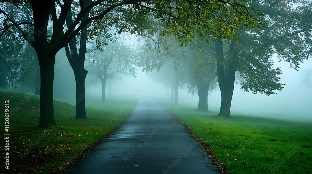 Misty Park Landscape with Lush Greenery and Tall Trees Creating a Peaceful Walkway : Generative AI Misty Park Landscape with Lush Greenery and Tall Trees Creating a Peaceful Walkway : Generative AI