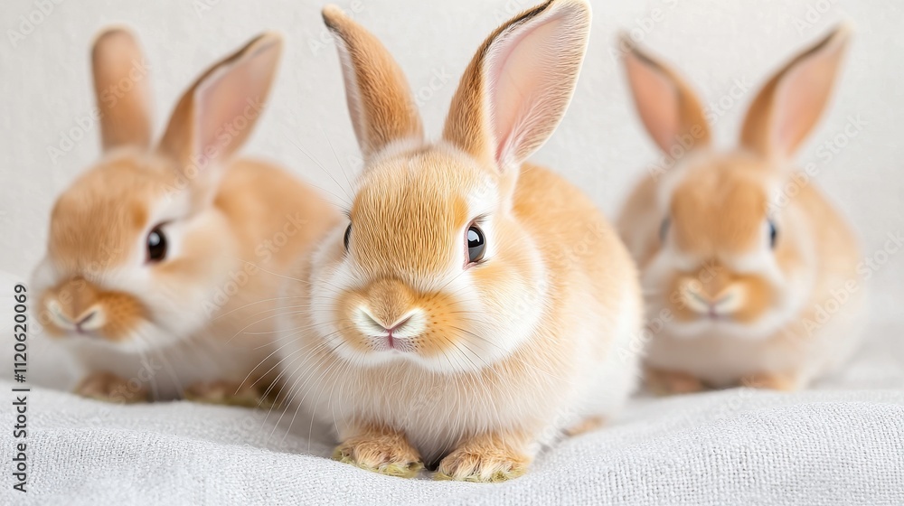Obraz premium Three Adorable Brown Rabbits Sitting on Soft White Blanket