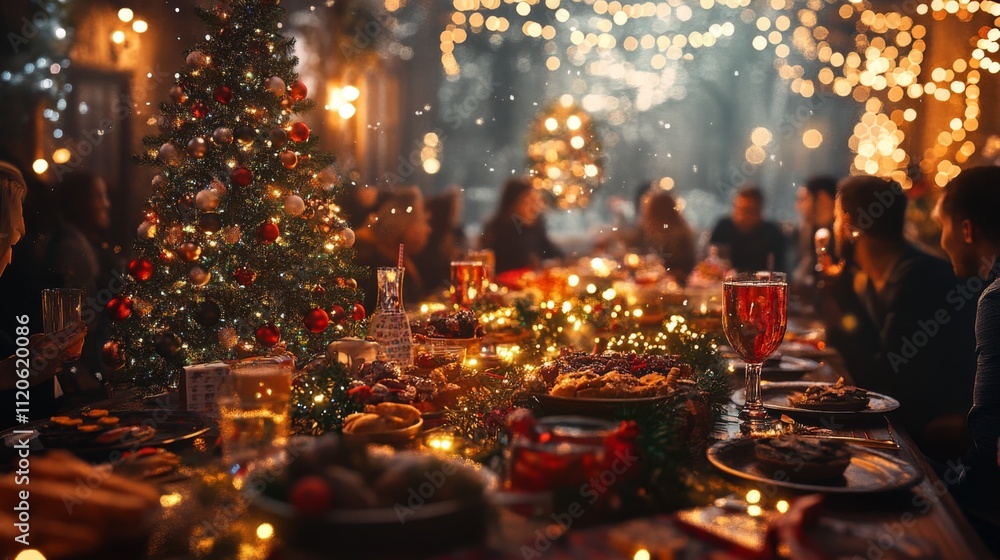 Obraz premium Christmas dinner table with delicious food and drinks surrounded by family.