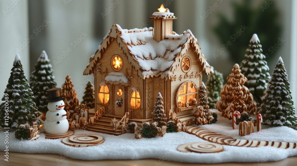 Fototapeta premium Traditional gingerbread house illuminated with warm lights for the holidays.
