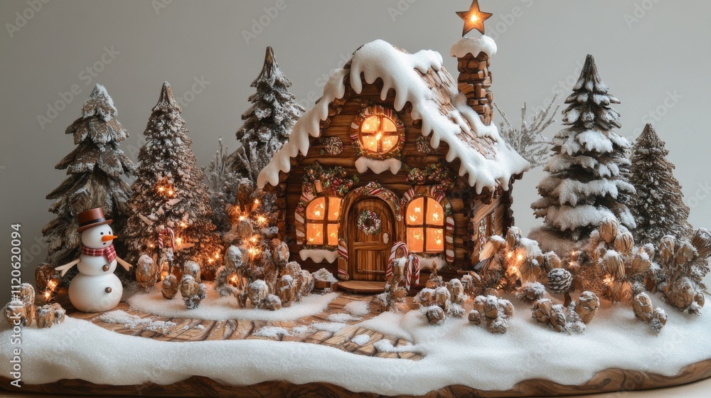 Snow-covered gingerbread house with festive decorations and winter theme. Snow-covered gingerbread house with festive decorations and winter theme.