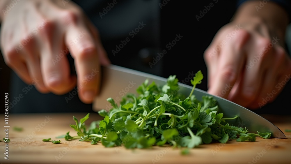 The image shows a person's hands holding a large knife and cutting a bunch of green leafy vegetables on a wooden cutting board. The image shows a person's hands holding a large knife and cutting a bunch of green leafy vegetables on a wooden cutting board.