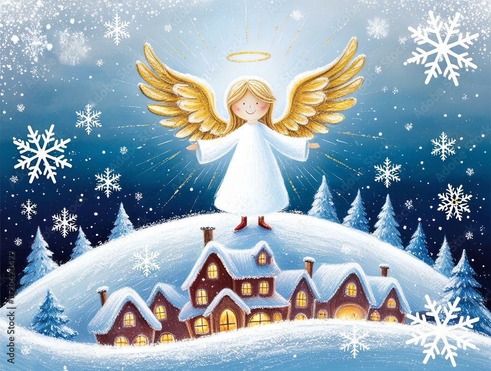 Fototapeta premium Charming Christmas angel above snowy village scene with glowing windows and delicate snowflakes