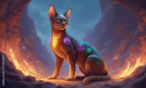 Mystical cat with glowing symbols photo