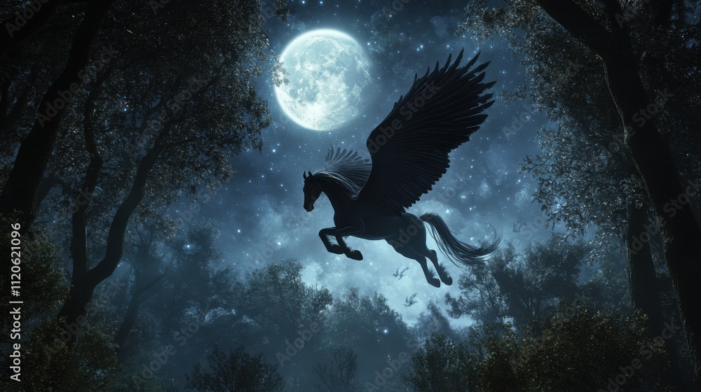 Fototapeta premium Mythical black winged horse under full moon
