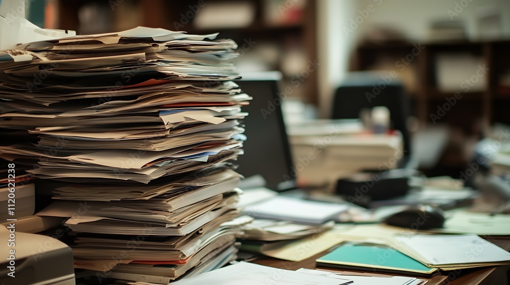 Busy office desk with towering stack of paperwork and disorganized clutter : Generative AI Busy office desk with towering stack of paperwork and disorganized clutter : Generative AI