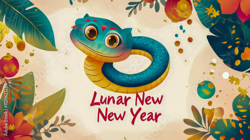 Colorful cartoon snake celebrating lunar new year amidst floral decorations photo