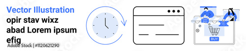 Clock symbolizing time management, browser window representing digital accessibility, people shopping online with cart and buy button. Ideal for e-commerce, digital marketing, online services