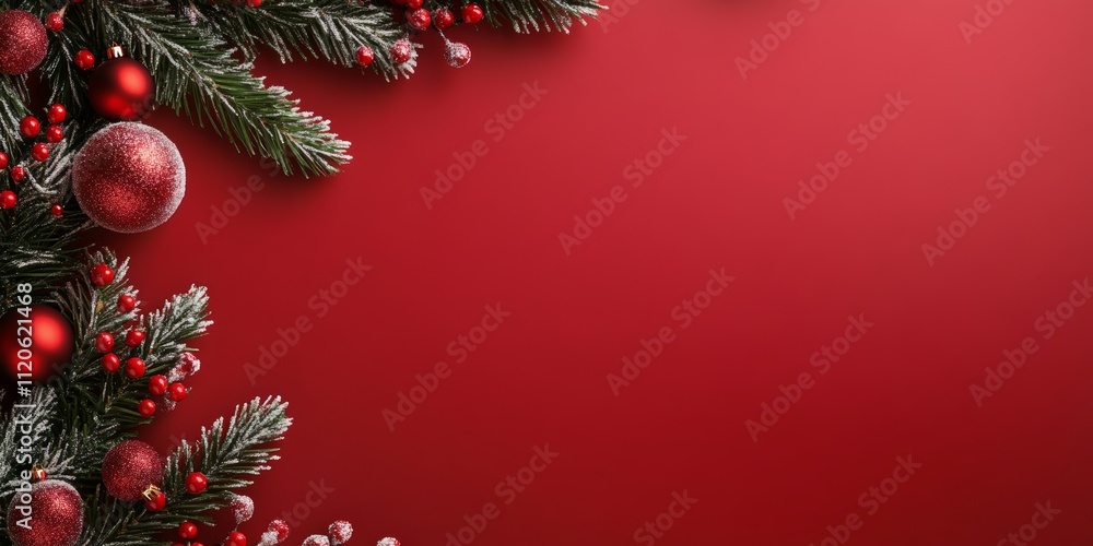 Festive Christmas decorations adorn a vibrant red background, providing an ideal space for personalized messages or festive greetings. Festive Christmas decorations adorn a vibrant red background, providing an ideal space for personalized messages or festive greetings.