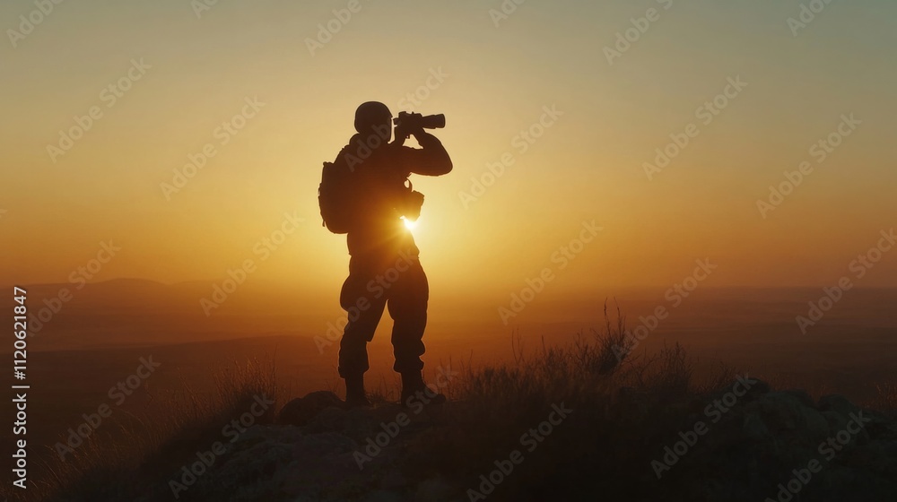 Silhouette of a soldier aiming with binoculars at sunset, standing on top of a hill generative ai Silhouette of a soldier aiming with binoculars at sunset, standing on top of a hill generative ai