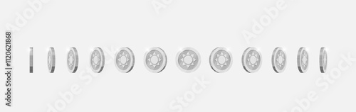 Silver coin spinning in varied directions for video game animation. Metallic currency with ancient sun design rotates dynamically. Achievement icon in motion. Flat 3D style asset for gaming visuals