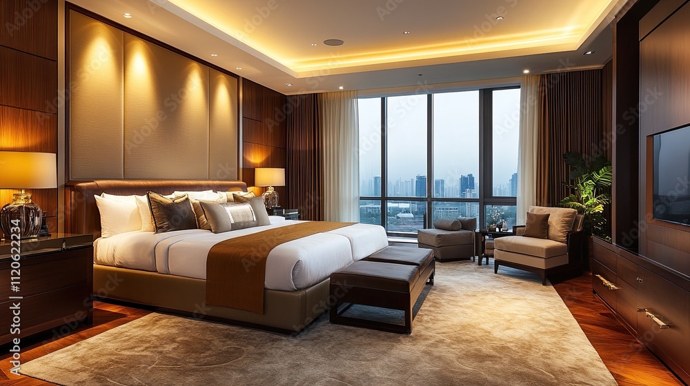 Luxurious modern bedroom with city view, king bed, and comfortable seating area. Luxurious modern bedroom with city view, king bed, and comfortable seating area.