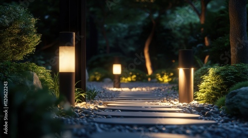 Serene garden pathway at night with solar lamps photo