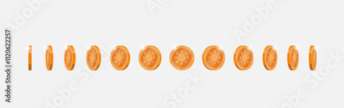 Rotating bronze coin animation for gaming apps. Metal token featuring ancient sun motif moves at changing angles. Symbol of success spinning fluidly. Flat 3D design for digital interfaces