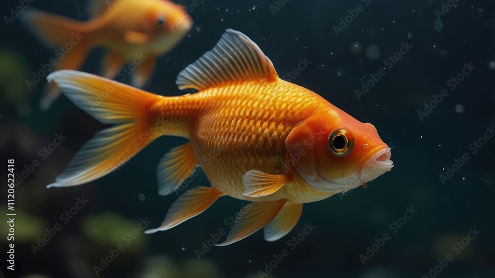 Close-up of a vibrant orange goldfish swimming in an aquarium. Close-up of a vibrant orange goldfish swimming in an aquarium.