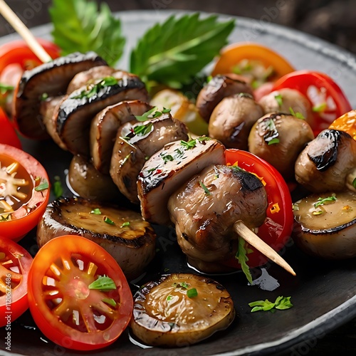 Barbecue skewers meat kebabs with vegetables on flaming grill photo