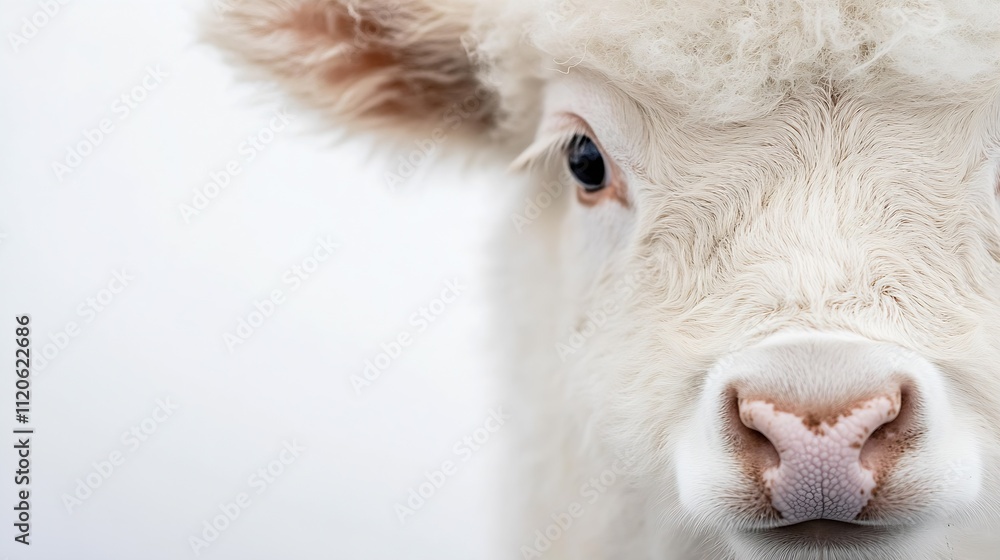 Fototapeta premium Close Up of a Fluffy White Sheep with Curly Wool in Serene Pasture : Generative AI