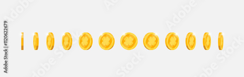 Dynamic rotation of gold coin with four leaf lucky clover emblem for video games. Metal achievement marker turns at multiple angles. Flat 3D asset for game or app motion graphics