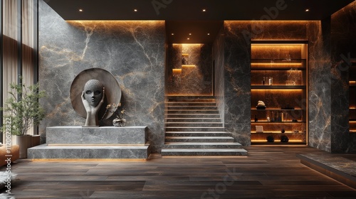 Luxurious modern foyer with marble walls, staircase, and sculpture. photo