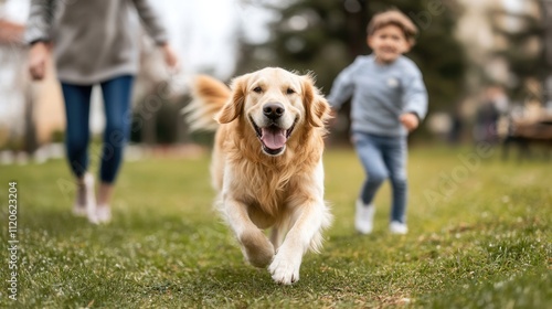 A family, full of holiday spirit, takes their golden retriever for a walk in the winter woods, celebrating an active Christmas