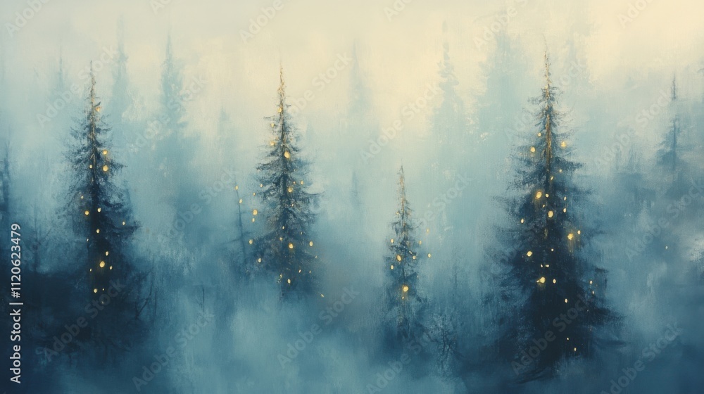 Fototapeta premium Serene winter scene with misty evergreens