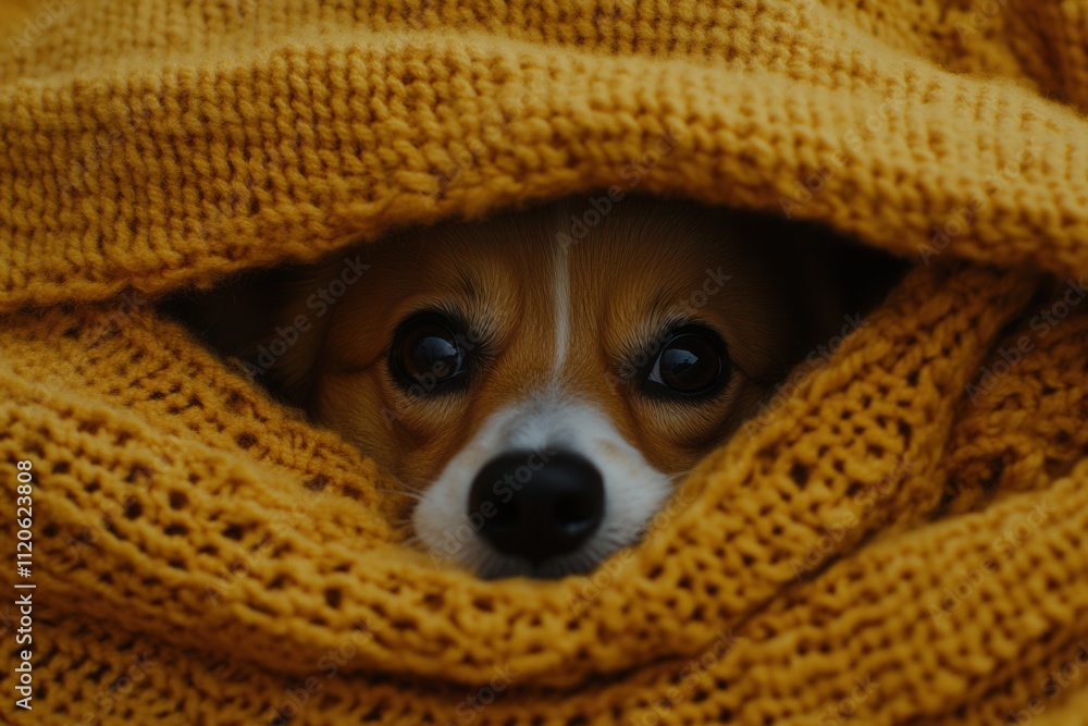 A cute little dog wearing a yellow scarf looks into the camera, set against a white backdrop, creating a chilly vibe A cute little dog wearing a yellow scarf looks into the camera, set against a white backdrop, creating a chilly vibe