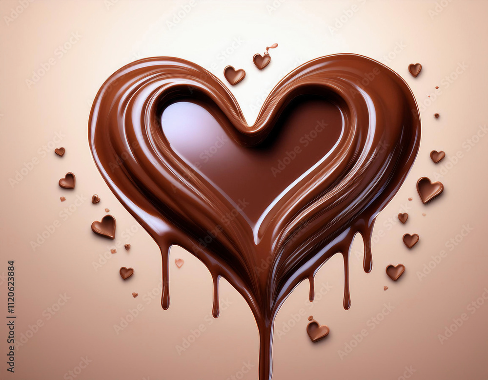 A melted chocolate heart with small heart shapes dripping and scattered around it against a light beige background. A melted chocolate heart with small heart shapes dripping and scattered around it against a light beige background.