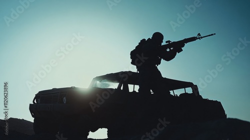 silhouette, soldier loading a heavy machine gun into a military vehicle generative ai photo