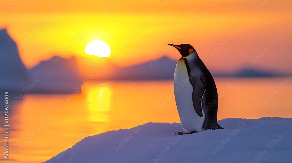 Obraz premium Solitary Emperor Penguin Silhouette Against a Glowing Antarctic Sunset : Generative AI