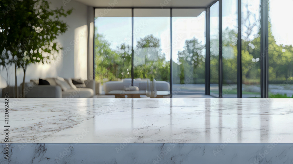 Fototapeta premium Marble counter in modern sunlit living room with garden view