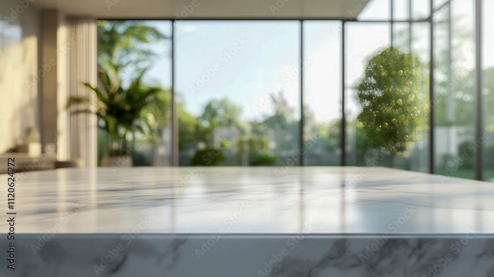 Sunlit marble counter in modern living room with large glass windows and lush greenery Sunlit marble counter in modern living room with large glass windows and lush greenery