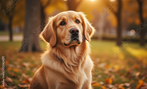 Golden retriever in autumn sunlight