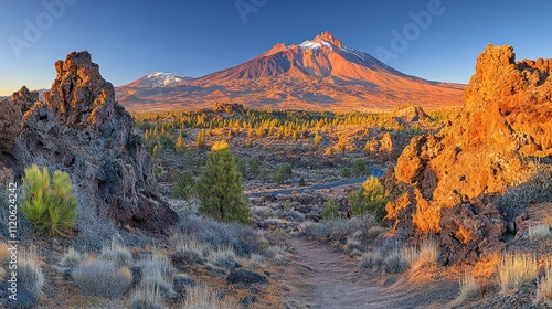 Majestic volcano at sunset, viewed from a trail between lava rock formations.