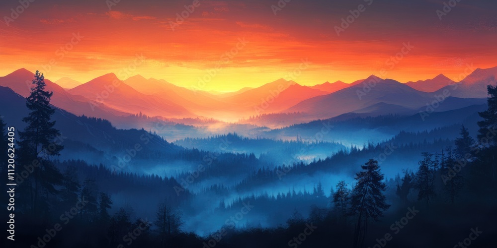 Stunning sunrise over misty mountain ranges Stunning sunrise over misty mountain ranges