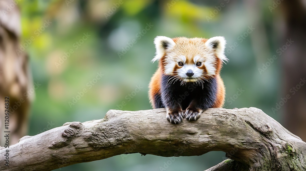 Naklejka premium Charming Red Panda Visually Engaging and Curious on Tree Branch Surrounded by Nature : Generative AI