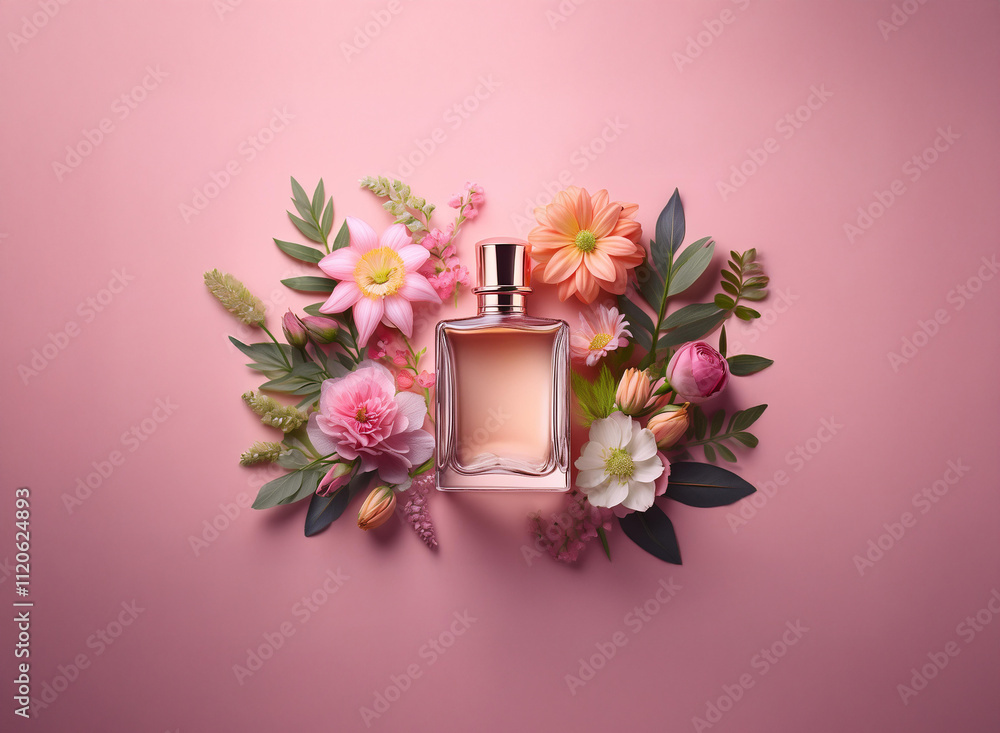 A perfume bottle sits in the center of a floral arrangement on a pink background. The scene is elegant and evokes a feeling of freshness and femininity. A perfume bottle sits in the center of a floral arrangement on a pink background. The scene is elegant and evokes a feeling of freshness and femininity.