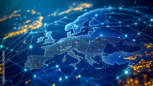 Digital network map of europe highlighting connectivity and technology innovation