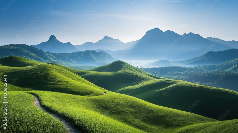 Tranquil landscape of green hills and mountains Tranquil landscape of green hills and mountains