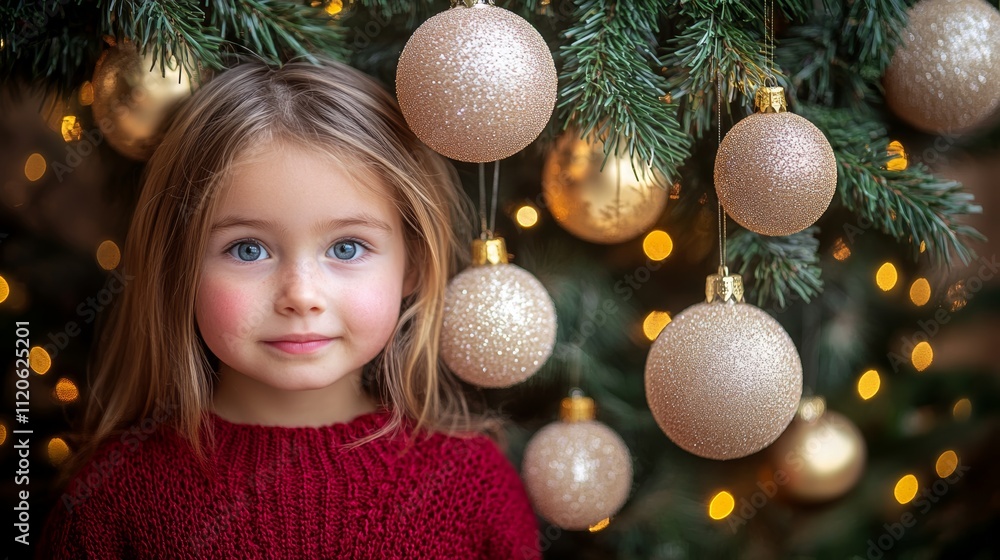A joyful little girl in a vibrant red sweater stands beaming in front of a beautifully decorated Christmas tree filled with ornaments and lights. A joyful little girl in a vibrant red sweater stands beaming in front of a beautifully decorated Christmas tree filled with ornaments and lights.