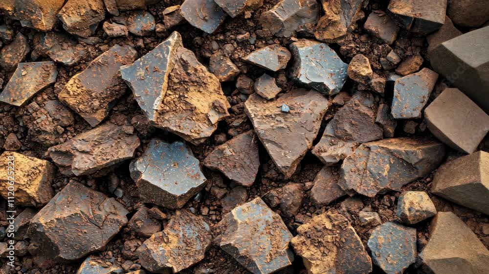Rocky terrain featuring assorted gravel and large stones in an arid landscape with earthy tones Rocky terrain featuring assorted gravel and large stones in an arid landscape with earthy tones