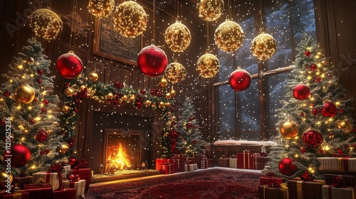 Wallpaper Mural A cozy Christmas scene featuring a beautifully decorated fireplace adorned with festive ornaments and twinkling lights, creating a warm holiday atmosphere. Torontodigital.ca