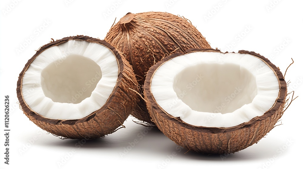 Fresh Whole and Halved Coconuts Showing Nutritious White Flesh on White Background : Generative AI Fresh Whole and Halved Coconuts Showing Nutritious White Flesh on White Background : Generative AI