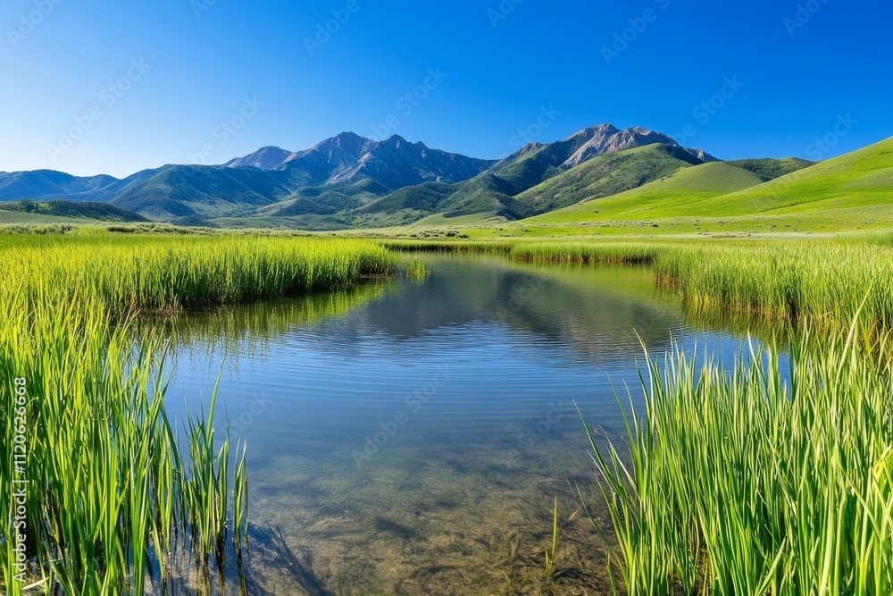 Fototapeta premium A serene photo of wetlands with reeds and aquatic plants, showcasing the storage phase of the water cycle