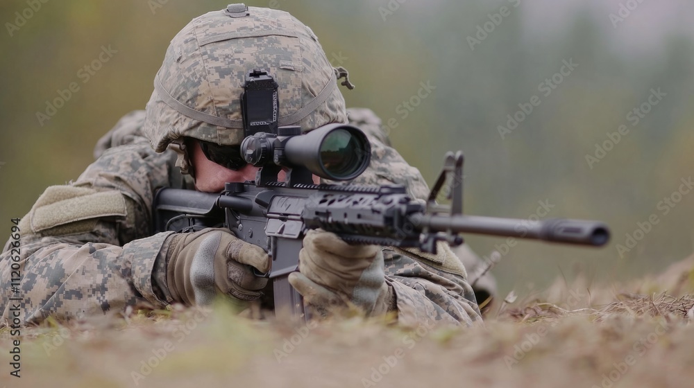 Soldier adjusting the sights of his rifle while lying face down generative ai Soldier adjusting the sights of his rifle while lying face down generative ai